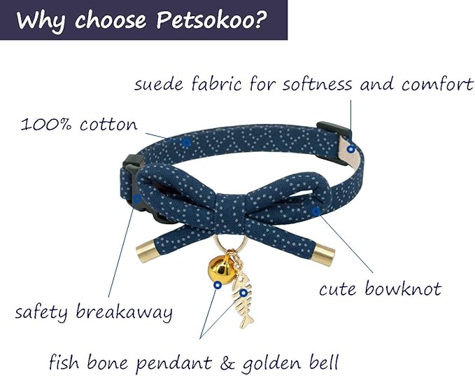PetSoKoo Cute Bowtie Cat Collar with Bell. Japanese Stylish Bowknot & Fish Charm. Safety Breakaway, Soft, Lightweight, for Girl Boy Male Female Cats Kitten,Navy Blue
