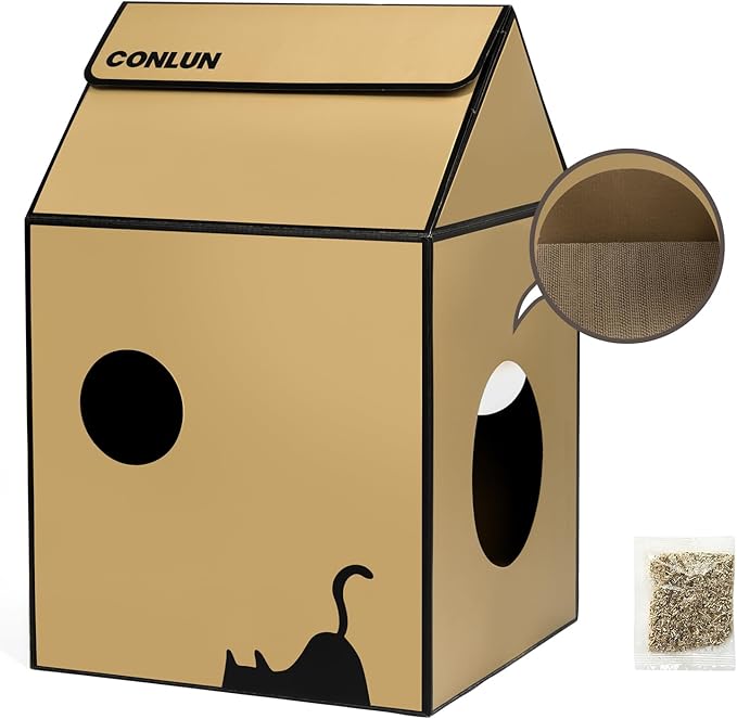 Cardboard Cat House with Scratch Pad & Catnip, Cat Play Scratching House for Indoor Hideaway Furniture, Heavy Duty Sturdy Cardboard Scratcher, Easy to Assemble Birthday Gift, Medium