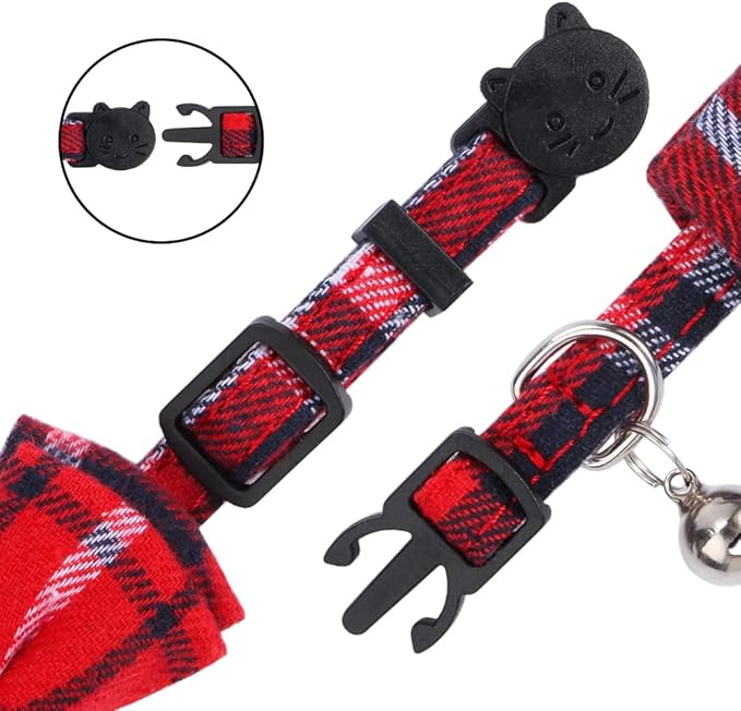 Faleela 2 Pack/Set Cat Collar with Cute Bow Tie and Bell,Breakaway Plaid Shirt Collar for Kitty Adjustable Safety