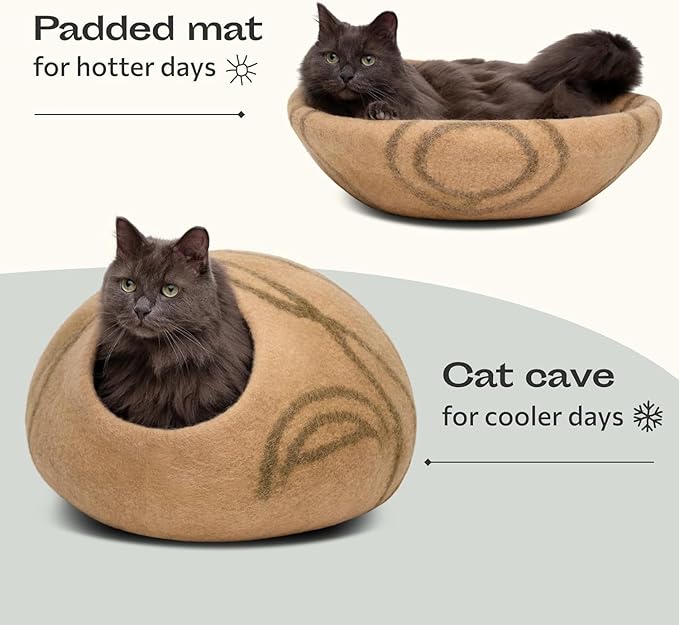 MEOWFIA Cat Cave – Premium Felt Cat Bed for Indoor Cats, Handmade Merino Wool (Beige, Large)