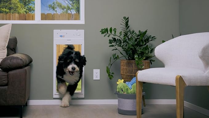 Power Pet Automatic ROLL UP Door by High Tech Pet Brand - Motorized Panel Rolls Up - Pet Operated - Remote App Control - 24/7 Exit & Entry Timers (Medium, Door Mount)