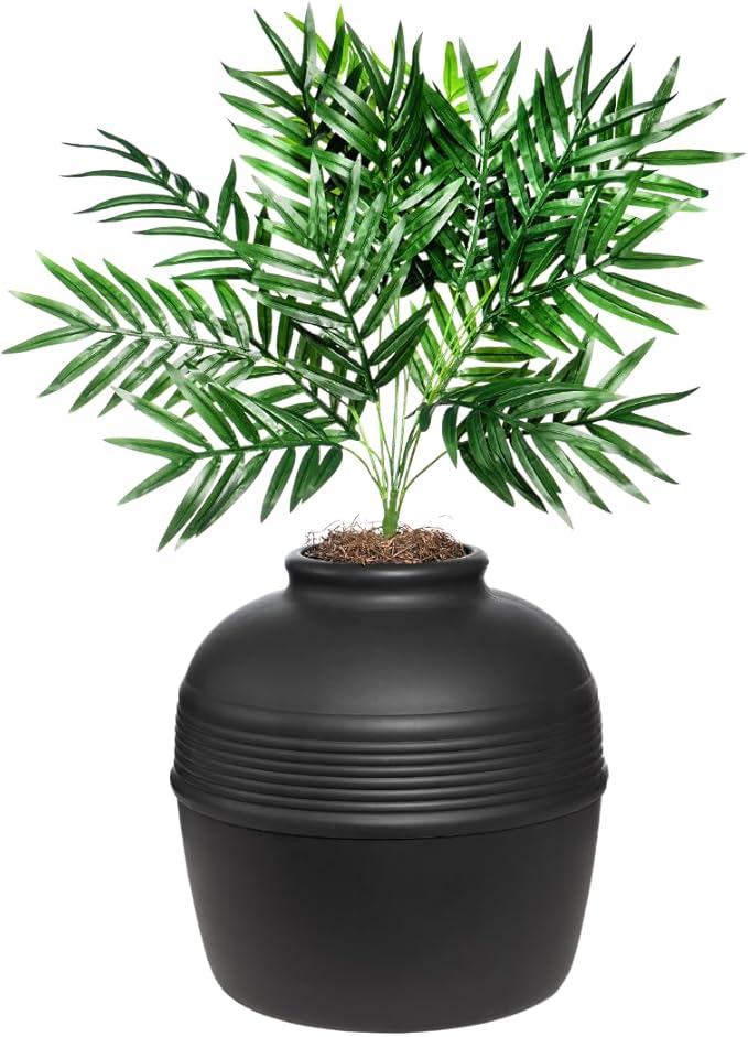 Good Pet Stuff Hidden Litter Box Planter, Decorative Cat Litter Enclosure with Carbon Filter, Artificial Plant, Easy Clean, Indoor Design, Original Round Style, Essentials Kit, Black Suede