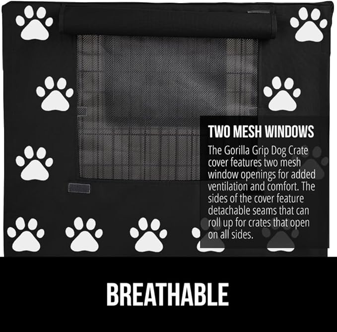 GORILLA GRIP Dog Crate Covers Compatible with Amazon Basics Crates, All Sides Open, Privacy Cover Fits 36" Wire Kennel, Breathable Mesh Windows, Light Reducing Puppy Training Cage Topper, Black Paw