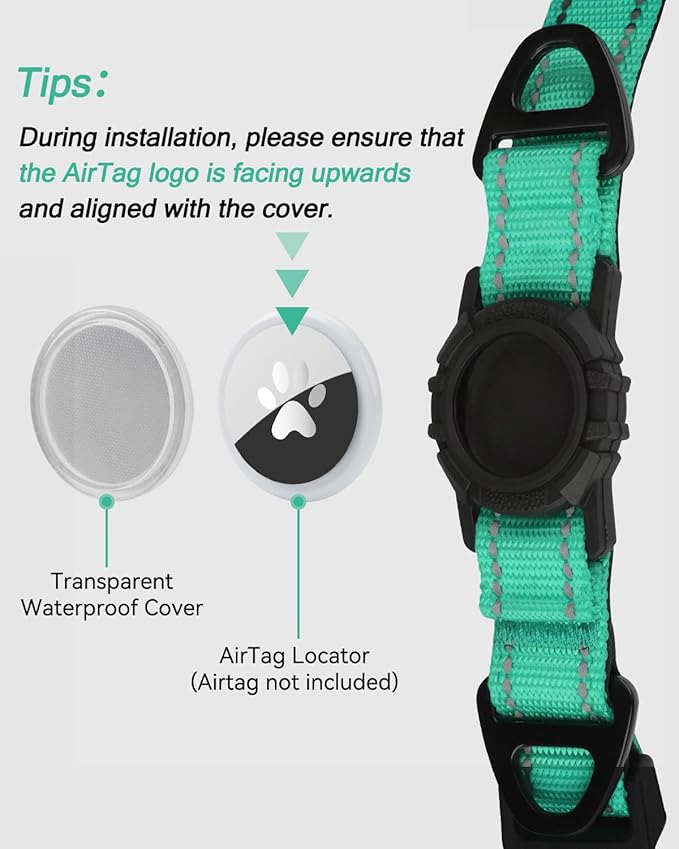 Joytale Airtag Dog Collar, Reflective Pet Collar with Waterproof AirTag Holder, Dual D-Rings, Soft Padded Adjustable for Extra Large Dogs, Teal, XL