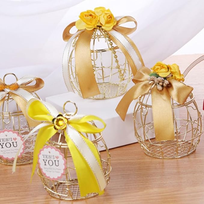 Beaupretty 6pcs Birdcage Shape Tinplate Candy Box Elegant Wedding Favor Containers for Sweets Treats and Decorative Hollow Chocolate Cases Golden Finish