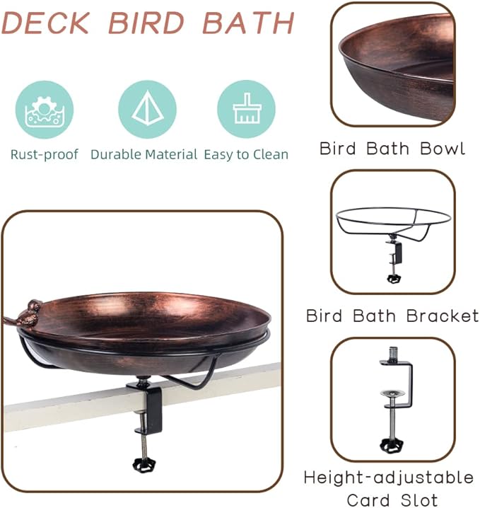 DREAMSOUL Deck Mounted Bird Bath with Adjustable Sturdy Metal Clamp, Bowl Bird Baths for Outdoors Garden Balcony Patio Deck Railing Decoration, Lightweight & Detachable