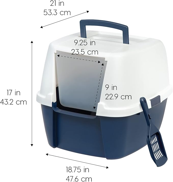 IRIS USA Cat Litter Box, Large Enclosure with Front Door Flap and Scoop, Covered Box with Handle and Buckles for Portability and Privacy, Navy/White