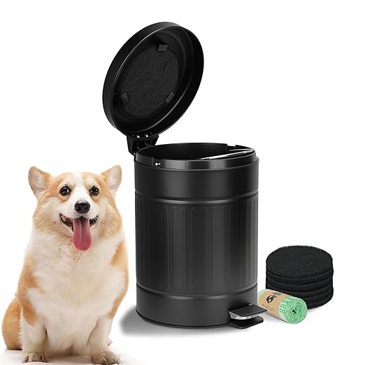 5L/1.3 Gal Dog Poop Trash Can with Lid - Stainless Steel Outdoor Pet Waste Bin, Step Pedal Soft Close Garbage Can for Backyard, Bathroom, Office - Odor Control, Farmhouse Retro Style (Black)