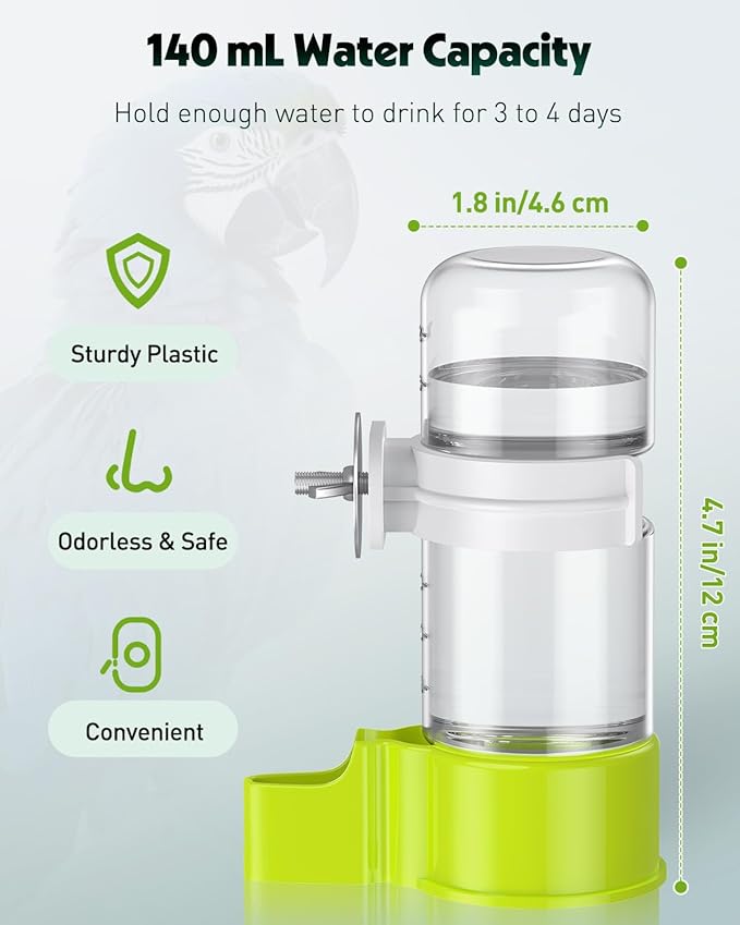 Pawfly Bird Water Dispenser, Automatic Water Feeder, Plastic Bird Cage Dispenser, Green Parrot Waterer for Parakeet Cockatiel Budgie Lovebirds (Not Fit for Food Feeding)