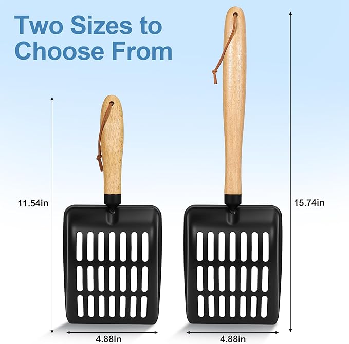 Cat Litter Scoop, Metal Litter Scoop, Heavy Duty Metal Cat Scooper for Litter Box, Black Sifter Scoop for Pellets, Wooden Handle Scoop with Hole, Kitty Necessity (5.5" Handle)
