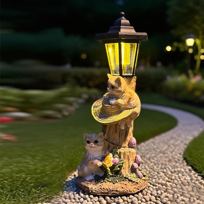 Solar Cat Outdoor Statue, Garden Statue with Lantern Decor, for Patio, Backyard, Lawn Ornament - Unique Warm-Hearted Gift for Women, Moms, Grandmas