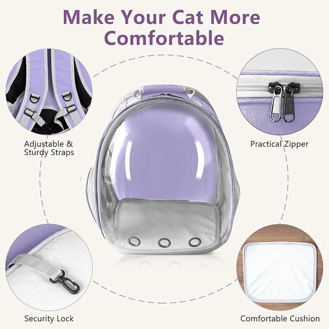 Cat Backpack Carrier Back Expandable Bubble Pet Carrier Backpack for Large Cat, Kitten and Dog, Designed for Hiking, Travelling and Outdoor Use (Back Expandable-Purple)