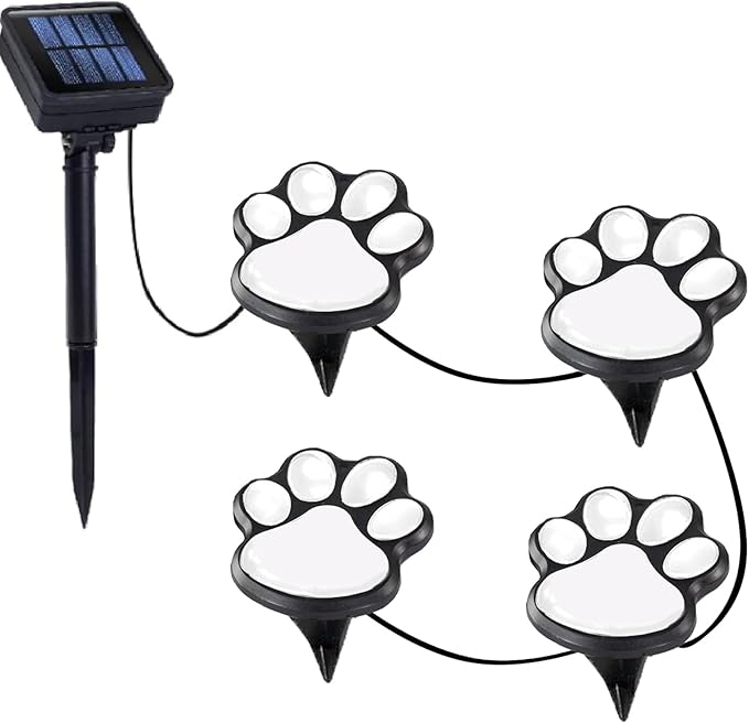Paw Print Solar Lights - Outdoor Garden Decoration Waterproof, Cat Dog Animal Set (4), Pet Cemetery, Grave Memorial, Gifts for Pet Lovers (Cool White)