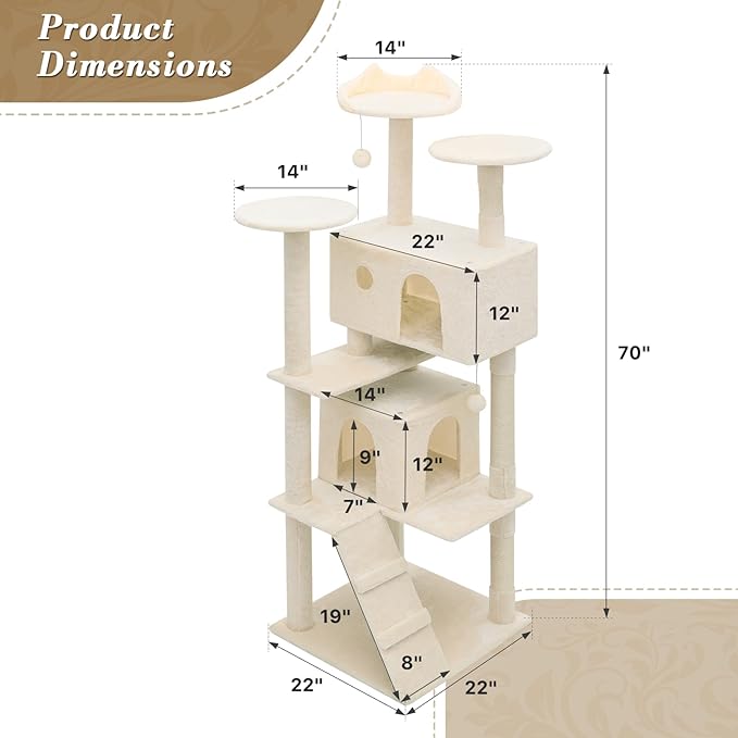 Athena Collection Cat Tree, 70 Inch Cat Tree Tower for Indoor Cats, Multi-Level Cat Tower House Activity Center with 2 Cat Condo & Scratching Post & Dangling Ball, Tall Cat Climbing Tower, Beige