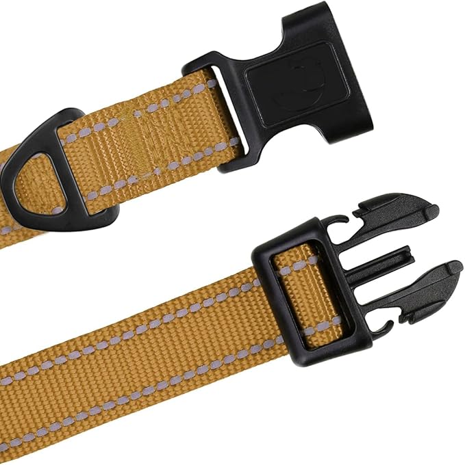 TagME Reflective Nylon Dog Collars, Adjustable Classic Collar with Quick Release Buckle for Large Dogs, Khaki, 1.0" Width