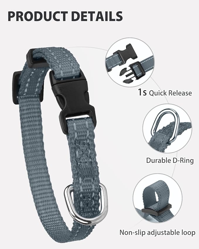 Joytale Small Dog Collar, Reflective and Adjustable Nylon Collar with Quick-Release Buckle, Lightweight No-Choke Design for Puppy and Extra Small Dogs, Gray, XS