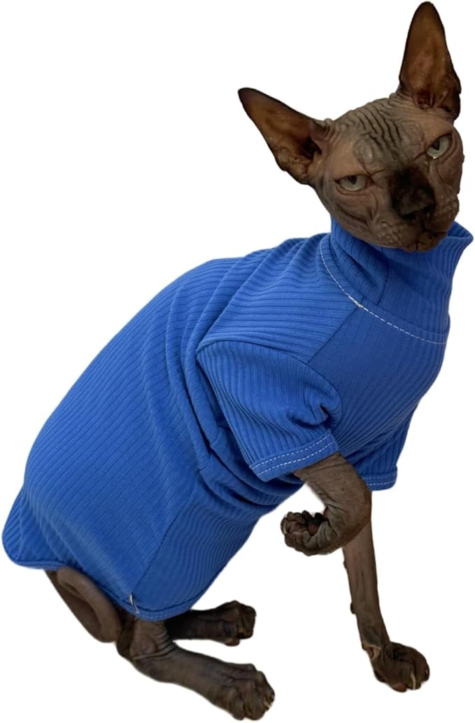 Sphynx Cats Shirt Cat Turtleneck Cotton Sweater Pullover Kitten T-Shirts with Sleeves Cat Pajamas Jumpsuit for Sphynx Cornish Rex, Devon Rex, Peterbald (XX-Large (Pack of 1), Deep Blue)