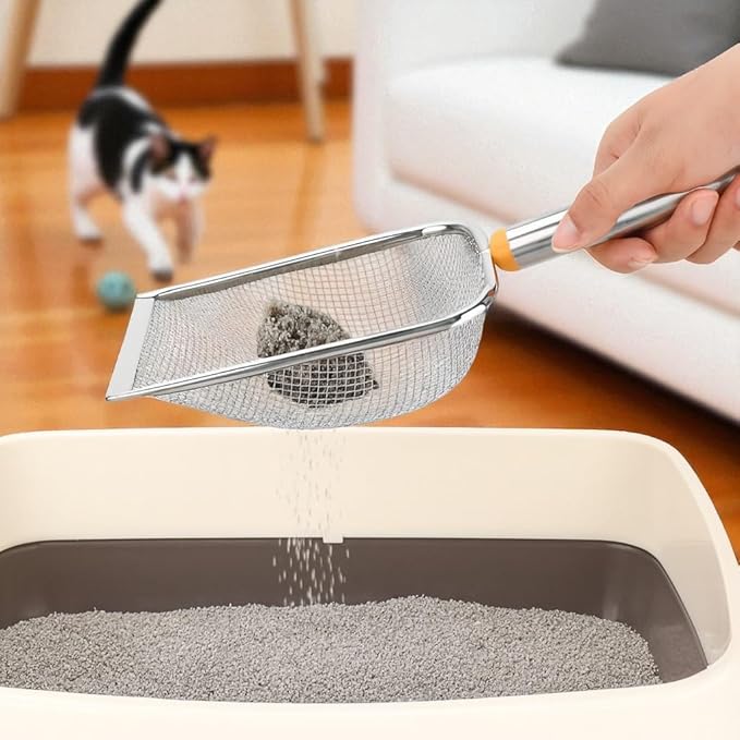 Cat Litter Scoop Stainless Steel Mesh Scooper with Long Handle, Deep Shovel Non-Stick Coated Metal for Box Kitten Pooper Lifter, Regular Scoop, Sifting Poop, Non-Slip Grip, Easy Clean, Hole: 2.8mm