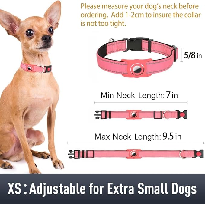 Airtag Dog Collar with AirTag Holder for Puppy Small Dogs, Reflective, Soft Padded & Safety Locking Buckle, Nylon Pet Collars Adjustable for All Breeds, Pink,XS