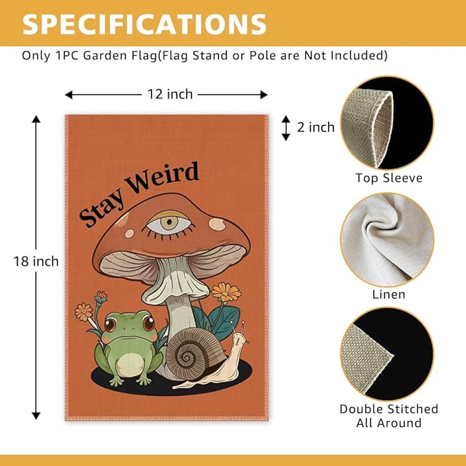 Stay Weird Garden Flag, Funny Frog Mushrooms Summer Yard Flag for Outside, Double Sided Yard Outdoor Farmhouse Lawn Porch Garden Banner, Housewarming Gifts for Frog Lover Friend Family Neighbor
