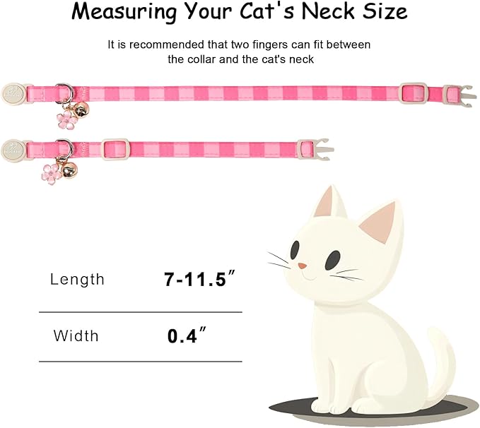 2 Pack Pink Cat Collars - Spring Summer Breakaway Cat Collar with Bell, Bow and Flower Pendant, Adjustable Kitten Collars for Girl Cats, Cute Pink Plaid &Bow