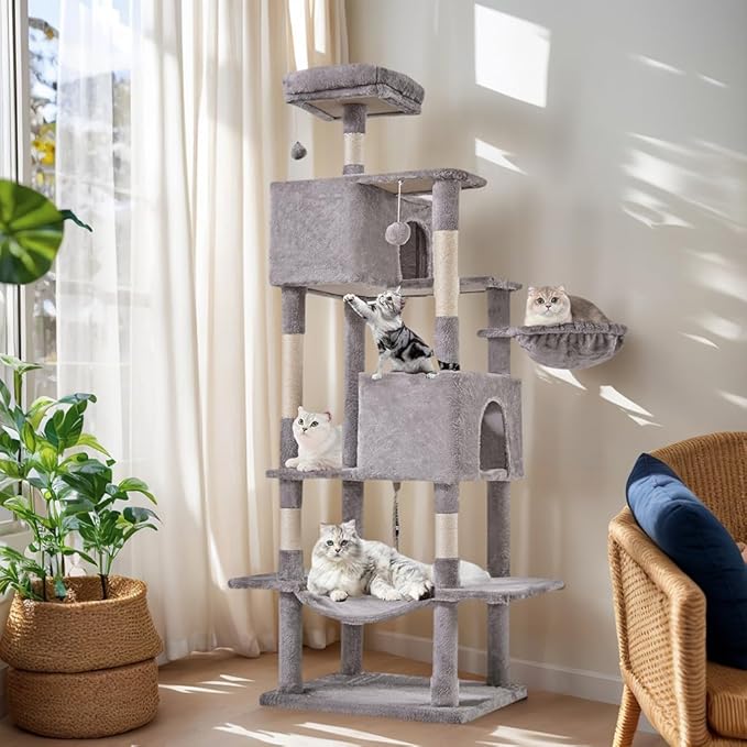 Sweetcrispy 66 Inch Cat Tree Tower, Multi Level Cat Climbing Tower with Natural Sisal Scratching Posts, Hammock, Pet Condo for Indoor Cats and Kittens Play, Grey