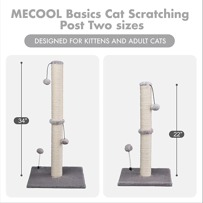 MECOOL Cat Scratching Post Premium Basics Kitten Scratcher Sisal Scratch Posts with Hanging Ball 22" for Kittens or Smaller Cats (22 inches for Kitten, Gray)