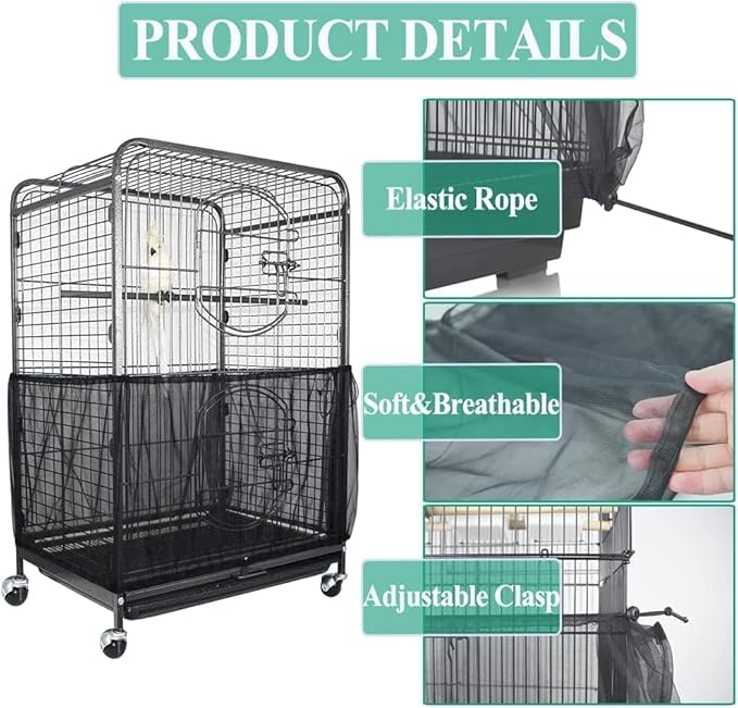 ASOCEA Extra Large Bird Cage Seed Catcher Guard Universal Birdcage Cover Nylon Mesh Net for Parrot Parakeet Macaw Lovebird African Grey