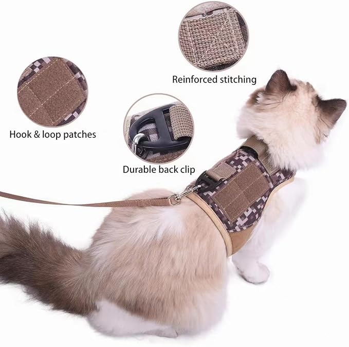 Tactical Kitty Harness and Leash for Walking Escape Proof, Desert Camo, Small, Adjustable Cat Walking Jackets, Padded Stylish Cat Vest for Winter