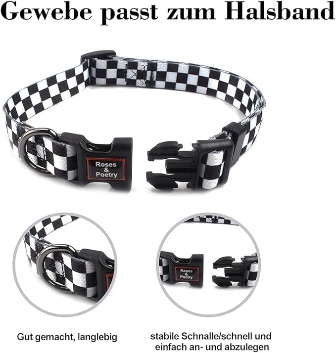 Roses&Poetry Dog Collar with Colourful Patterns, Adjustable Durable Puppy Collars for Small Medium Large Dogs (Black & White-L)