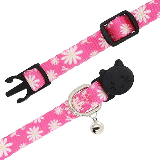 Cat Collar, 2 Pack Breakaway Collar with Bells, Safety Buckle Kitten Collars for Boy and Girl Cats, Blue + Pink Flower
