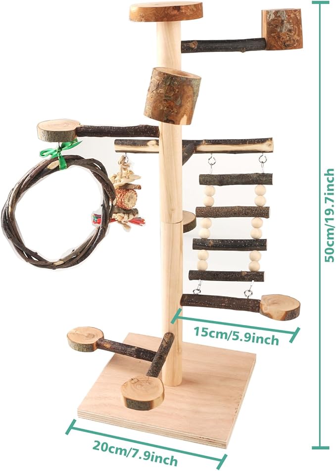 HOSUKKO Bird Playground Parrots Play Stand Wood Perches Stand, Bird Gym Playpen Platform Ladder with Feeder Cups for Cockatiels Budgies Lovebirds, Brown