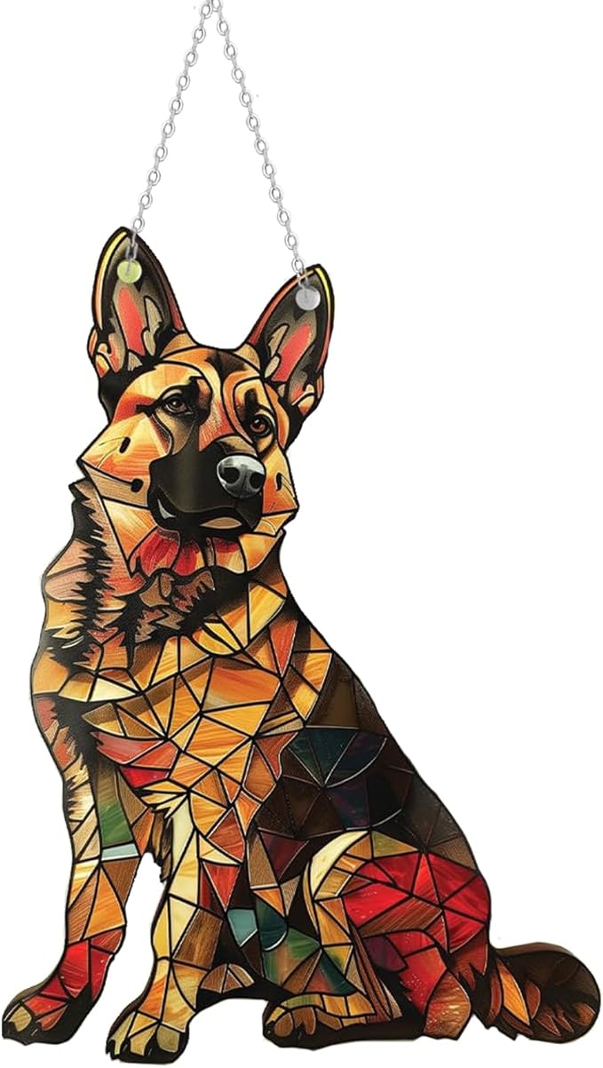 German Shepherd Window Hanging Decor Suncatcher Dog ，Stain Acrylic Window Ornament Animal Memorial Gifts Handcrafted Sun Catchers Decor for Indoor Outdoor Garden (German Shepherds)