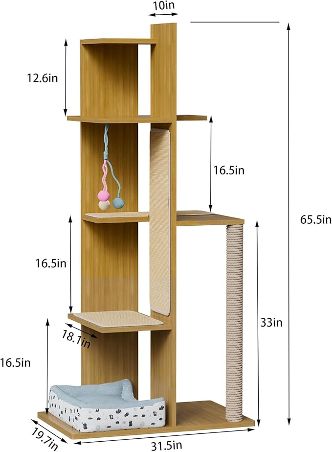 PAKASEPT 65.5" Tall Cat Tree, Multi-Level Modern Cat Tower with Sisal Scratching Posts, Cat Bed, Cat Balls, Freestanding Wooden Cat Activity Center, Cat Tree Tower for Indoor Small Large Cats