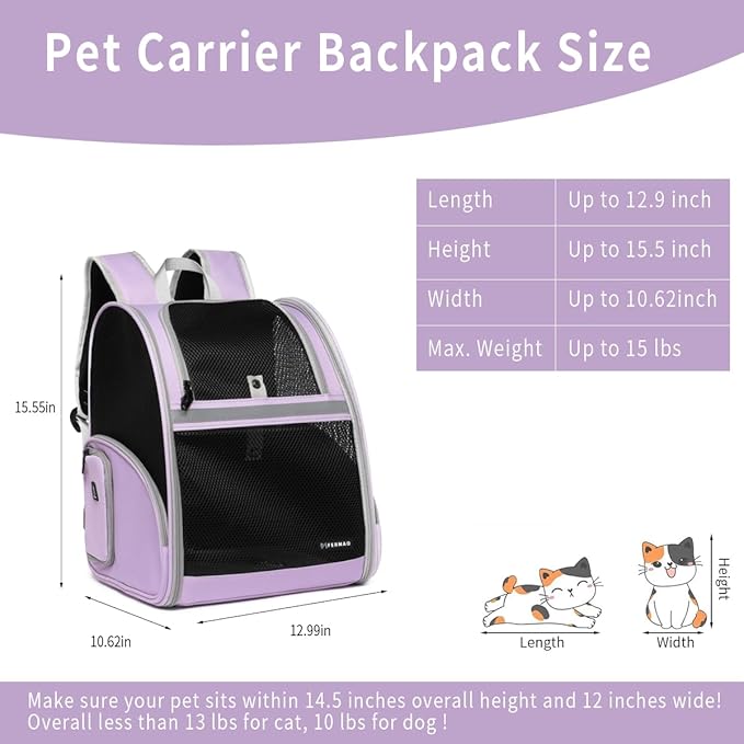 Cat Backpack Carrier for Small Dogs and Medium cat Puppy Kitten Bunny Pet Carrier Backpack Collapsible with Fully Ventilated Mesh with Safety Leash (Purple, 12.9" L x 10.62" W x 15.5" H - M)