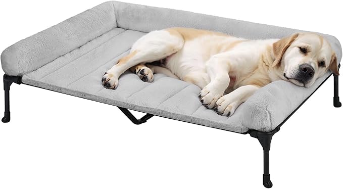 Veehoo Orthopedic Elevated Dog Bed with Fluffy Plush Bolster Cushion, Indoor Raised Dog Beds for Large Dogs, Soft Pet Sofa Cot with Removable Washable Mat, No-Slip Feet, 49 x 33 inches, Grey