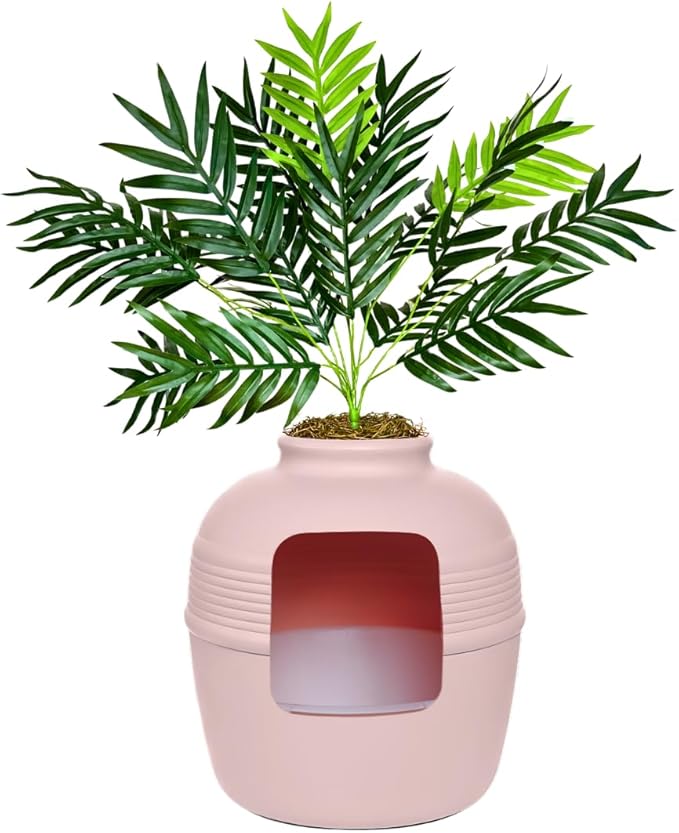 Good Pet Stuff Hidden Litter Box Planter, Decorative Cat Litter Enclosure with Carbon Filter, Artificial Plant, Easy Clean, Removable Liner, Round Style, Essentials Kit, Blush Pink