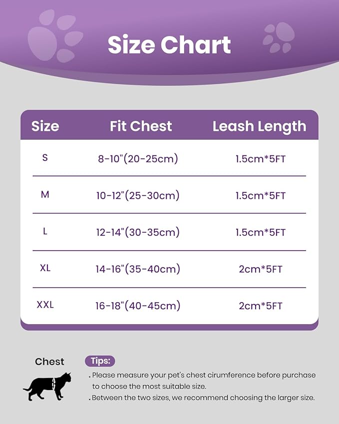 FAYOGOO Cat Harness, Cat Leash and Harness Set for Walking Escape Proof, Harness for Small Cats/Small Dogs, Large Kitten/Puppy Harness and Leash, Harness for Cats S-XXL(Modern Violet, XX-Large)