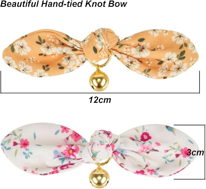 2 Pack Cotton Cat Collar, Removable Bowtie, Floral Pattern, Safety Breakaway Clasp, Adjustable for Cats.(Adult Cat, Yellow+White)