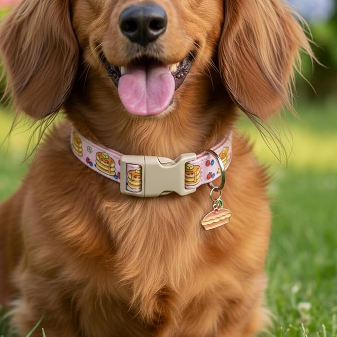 Pink Dog Collar, Girl Dog Collar with Pancake Print, Cute Spring Summer Food Collar with Soft & Breathable Fabric, Adjustable Pet Collar for Small Medium Large Dogs