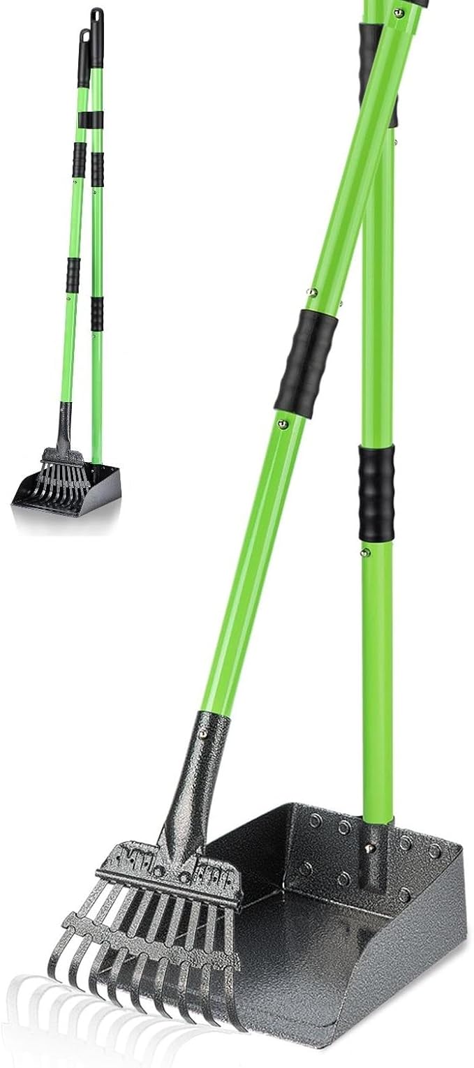 MXF Dog Pooer Scooper Set, 2 in 1 Pet Poop Scooper with Long Handle Dog Poop Picker Upper and Stainless Metal Tray & Rake for Medium & Small Dogs, Heavy Duty for Grass, Dirt, Gravel