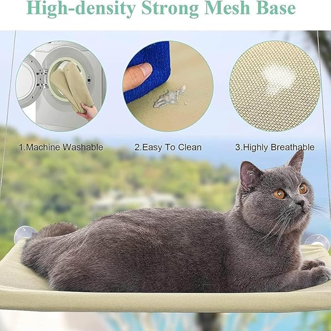 Cat Window Hammock Perch Cat Safety Sunny Bed with Durable Heavy Duty Suction Cups Resting Sunny Window Seat for Indoor Cats Sleeping Space Saving Mounted Bed (Khaki)