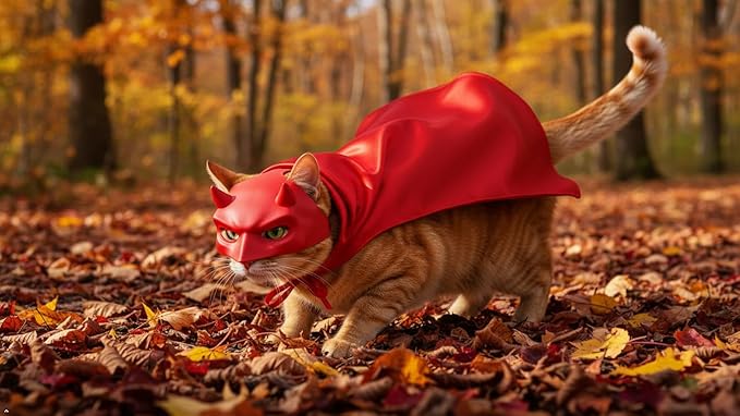 Red Cat Cloak with Hood for Indoor Cats, Funny Superhero Cosplay Halloween Costume for Pets, Cute Cape for Party Photos and Dress-Up – Big/Middle Size