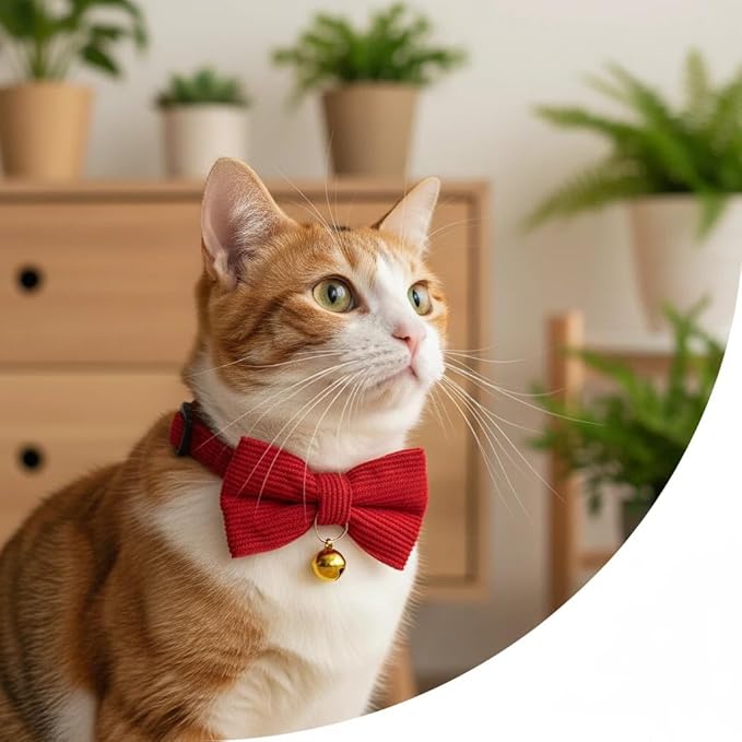 THAIN Cat Collar with Bow Tie and Bell, Breakaway Adjustable Cute Soft Corduroy Kitten Collars Safety Buckle for Girl Cats(Solid Red)