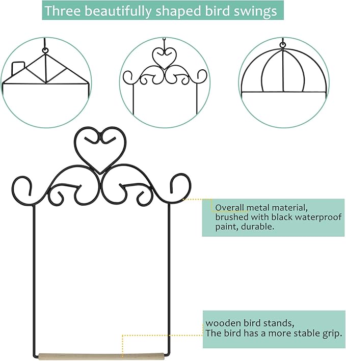 3PK Metal Frame Hummingbird Swings and Perches with Wooden Dowel Black Bird Swing Outdoor Bird Perch Humming Bird Swing