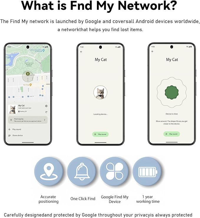 GPS Cat Collar Tracker – Bluetooth Pet Locator for Cats | Works with Android & Google Find My Device | Ideal for Pet Parents!