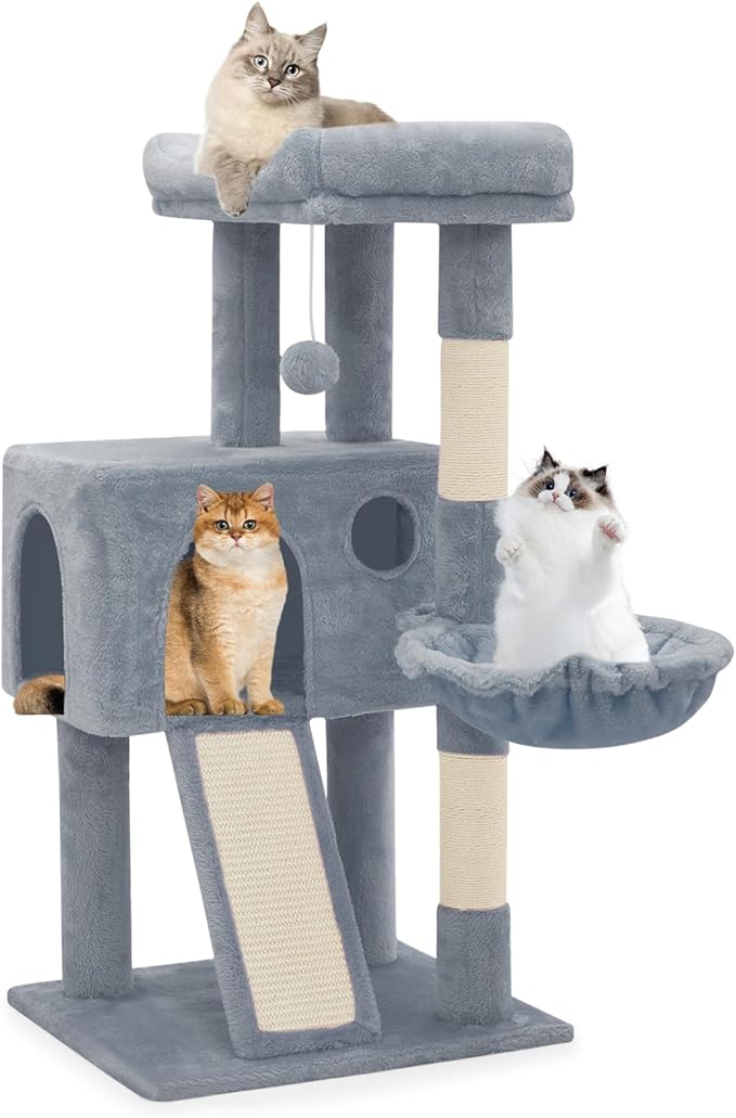 Athena Collection Cat Tree, 36" Tall Cat Tree Tower for Indoor Cats, Multi-Level Cat Tower House Activity Center Climbing Tower with Cat Condo & Hammock & Scratching Post & Dangling Ball, LightGray