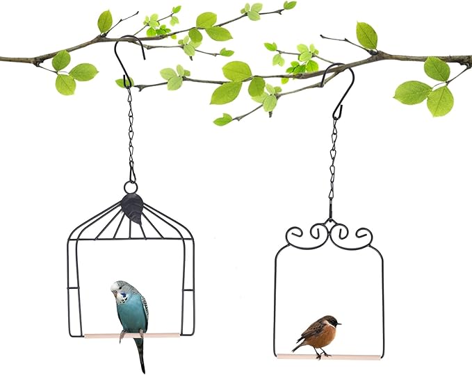 2PK Metal Frame Hummingbird Swings and Perches with Wooden Dowel Black Bird Swing Outdoor Bird Perch Humming Bird Swing