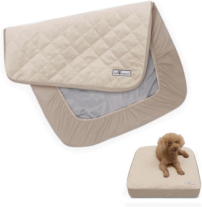 Paw Inspired Waterproof Fitted Cover for Dog Bed | Washable Bed Protector for Dog Mattress | Removable Replacement Cover for Small Pet Bed (Beige, 30 x 20 x 5 Inch)