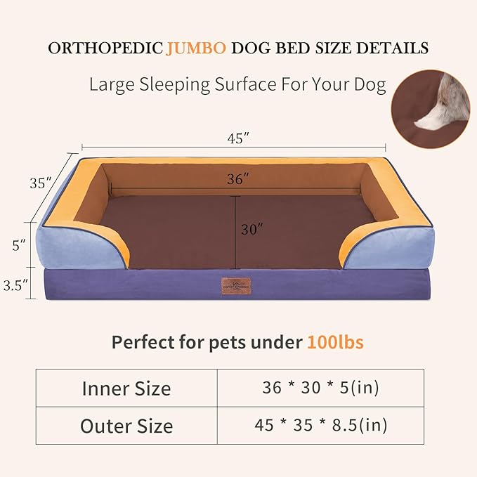 Comfort Expression Orthopedic Dog Bed for Extra Large Dogs 45x35 Inch, Waterproof Egg Crate Foam XL Pet Bed with Removable Bolsters, Dog Couch with Washable Cover & Non-Slip Bottom, Honey Lavender